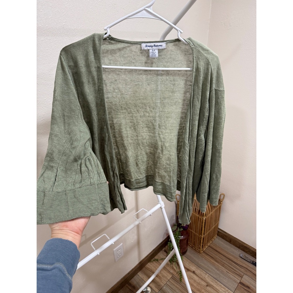 TOMMY BAHAMA 100% Linen Lea Cardigan (light olive) Green Bell Sleeve Open Front